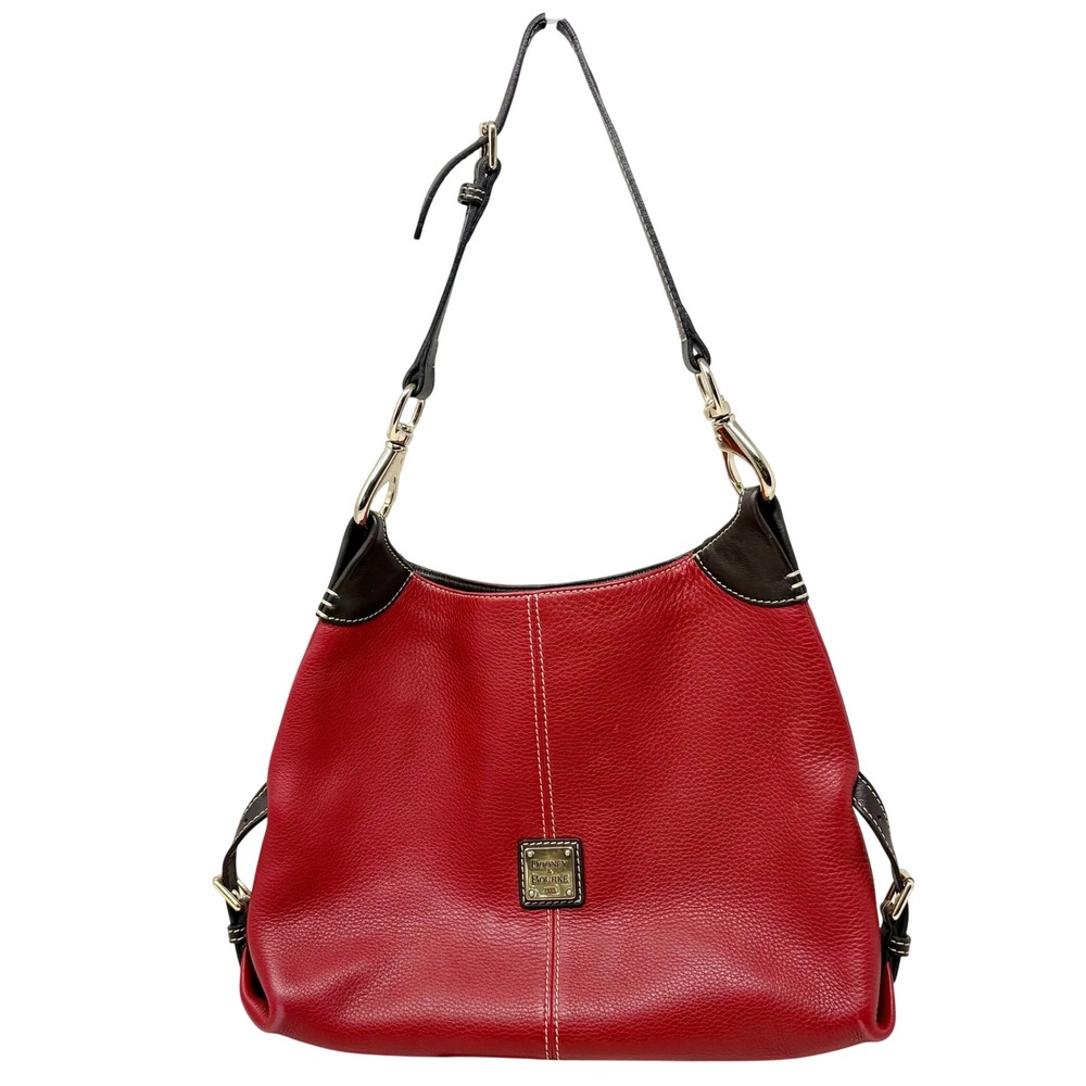 Dooney & Bourke Red Pebbled Leather Hobo Shoulder Bag Brown Trim Gold Hardware